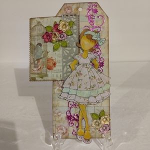 Handcrafted Mixed Media Tag. Little Girl With Bird. 8x4